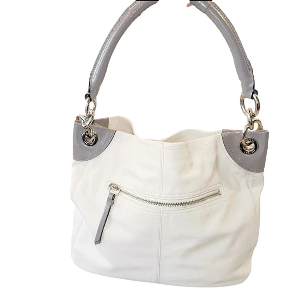Coach Vintage Y2K City Zip Top Hobo Shoulder Bag Off white grey patent leather